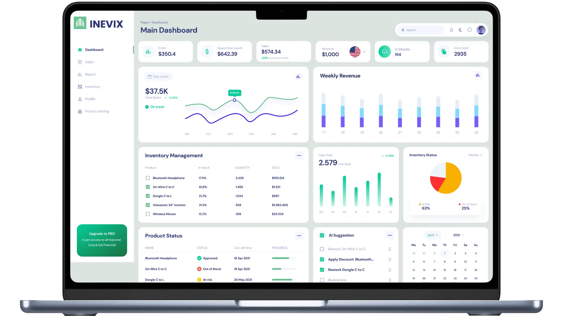 Inevix main dashboard mockup